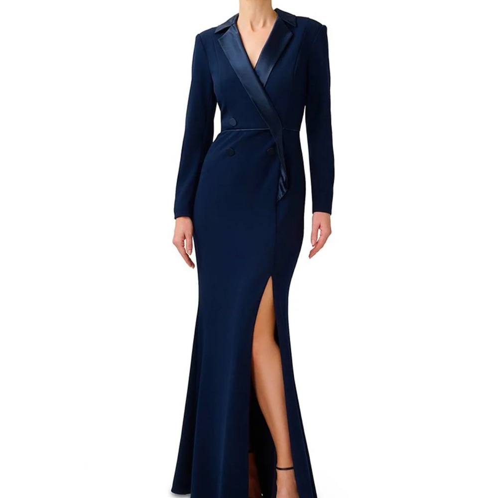 Adrianna Papell Long Sleeve Navy Blue Tuxedo Dress V Neck Slit Crepe